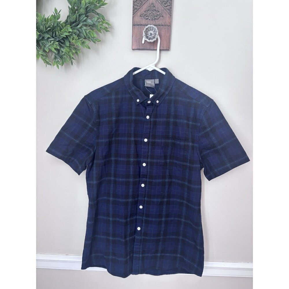 NWT Asos Mens Size Large Blue Plaid Flannel Shirt Short Sleeve Button Front